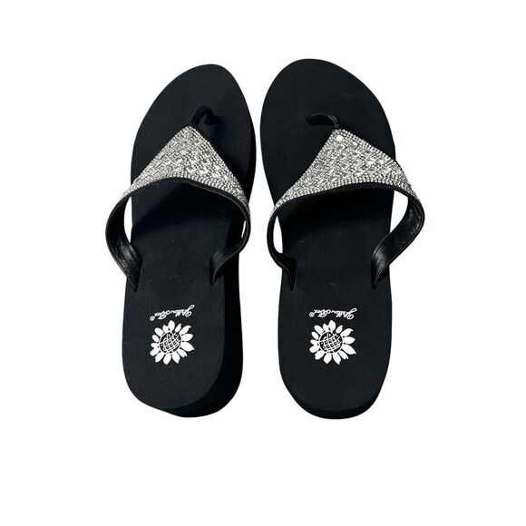 Yellow Box Flip Flops Black Sequined Thong Leather Sandals Women's 11 Birder New - Picture 4 of 11
